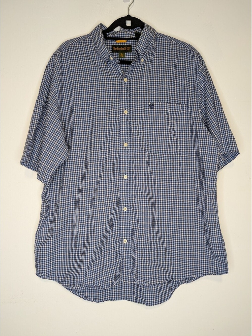 Timberland VTG Shirt Mens XL Blue Check Button Front Short Sleeve Logo Casual